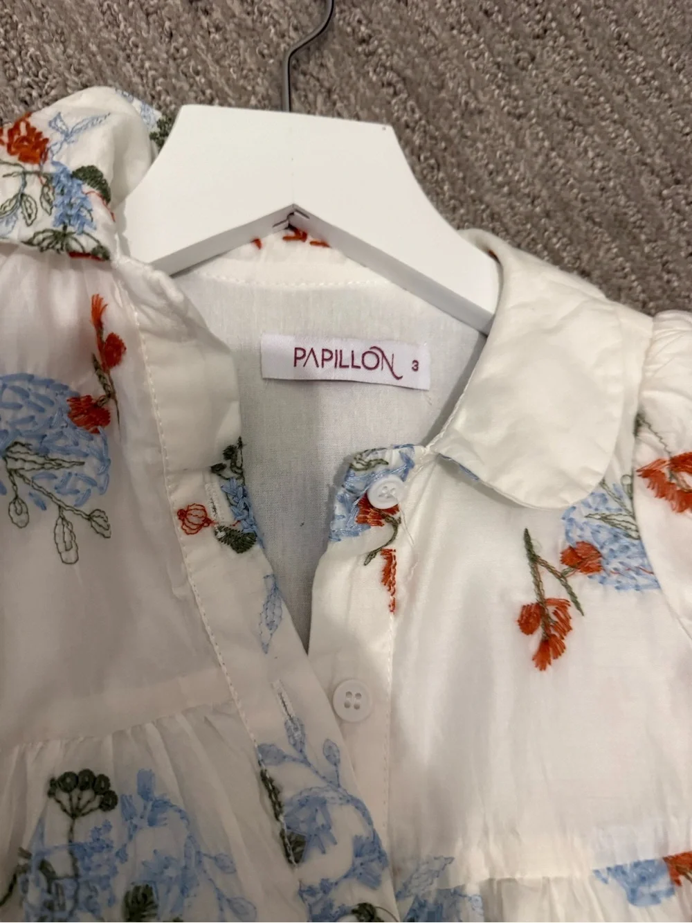 Papillon Blanc White Dress with Blue and Orange Floral Embroidery